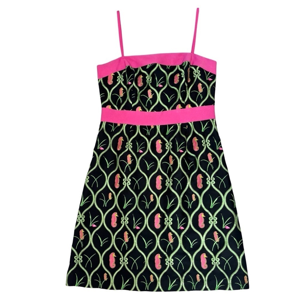 CJ Laing 100% Silk Embroidered Seahorse Dress Size 12 Black Pink Coastal Preppy